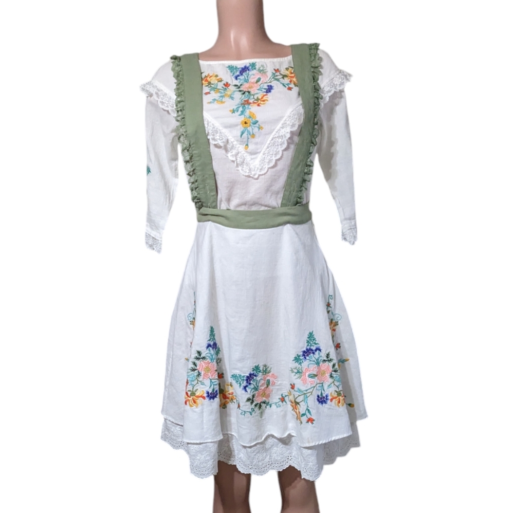Vintage White  Floral Embroidered Mexican Dress, top skirt and dungarees trio in
